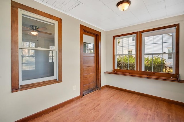 empty room with a wealth of natural light, crown molding, and light hardwood / wood-style floors