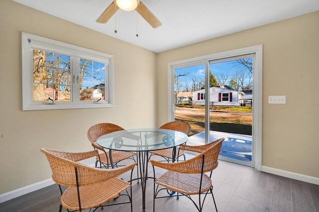 dining area with ceiling fan and wood-type flooring