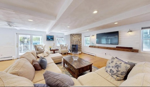 32 Nelson Ave, Beverly, MA 01915 - living room featuring beamed ceiling, wood finished floors, a baseboard heating unit, and a healthy amount of sunlight