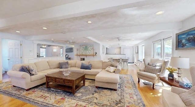 32 Nelson Ave, Beverly, MA 01915 - living area featuring beamed ceiling, wood finished floors, ceiling fan, and recessed lighting