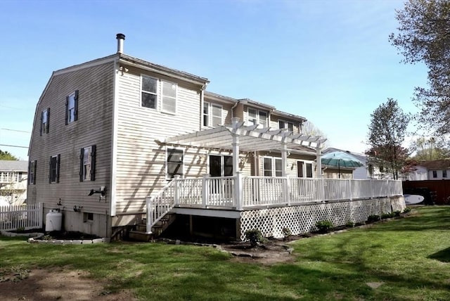 32 Nelson Ave, Beverly, MA 01915 - back of house featuring fence, a wooden deck, a pergola, and a lawn