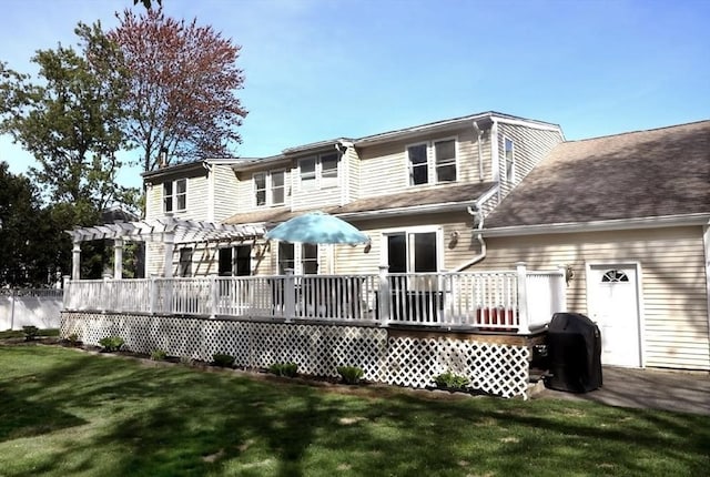32 Nelson Ave, Beverly, MA 01915 - rear view of house with a pergola, a wooden deck, and a yard