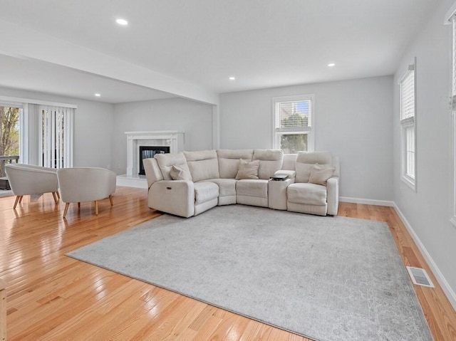 living room with visible vents, baseboards, wood finished floors, and a fireplace