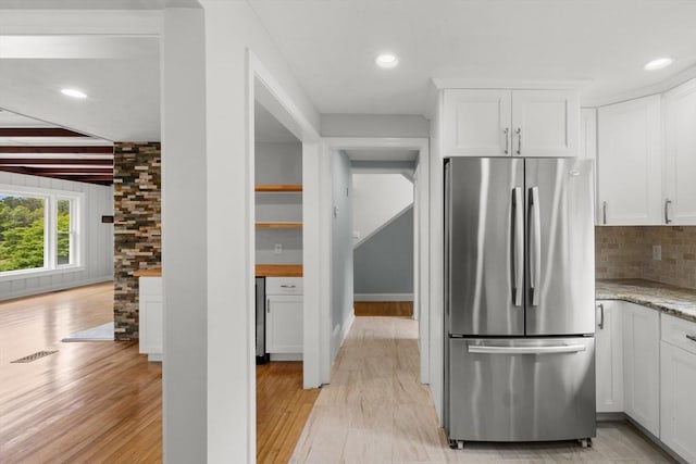 67 Great Neck Rd, Wareham, MA 02571 - kitchen featuring freestanding refrigerator, white cabinetry, light wood finished floors, and recessed lighting