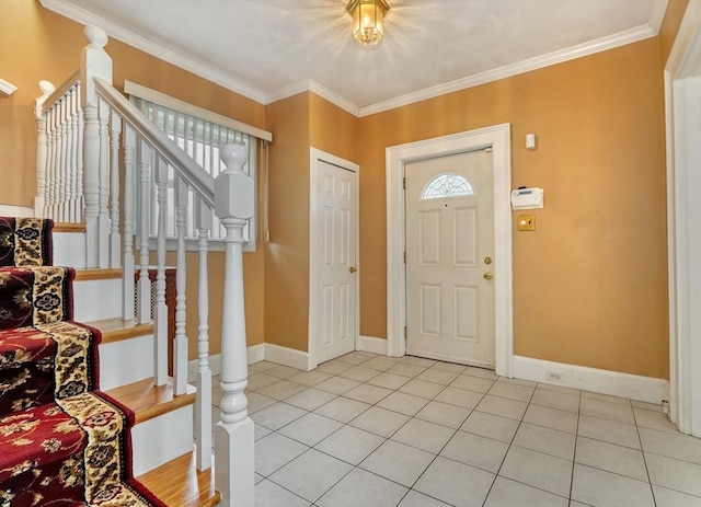 10 Windom St, Boston, MA 02134 - entrance foyer with stairs, light tile patterned floors, and ornamental molding