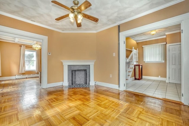 10 Windom St, Boston, MA 02134 - unfurnished living room featuring baseboards, ornamental molding, stairway, ceiling fan, and a baseboard radiator
