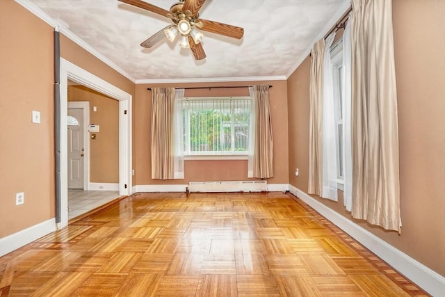 10 Windom St, Boston, MA 02134 - empty room featuring crown molding, a baseboard radiator, ceiling fan, and baseboards