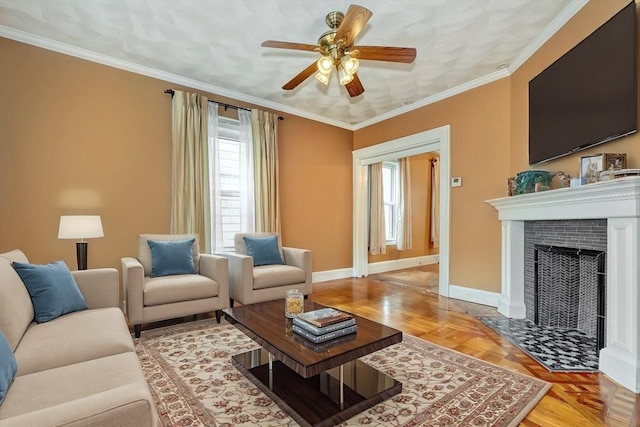 10 Windom St, Boston, MA 02134 - living room featuring a fireplace with flush hearth, baseboards, crown molding, and a ceiling fan