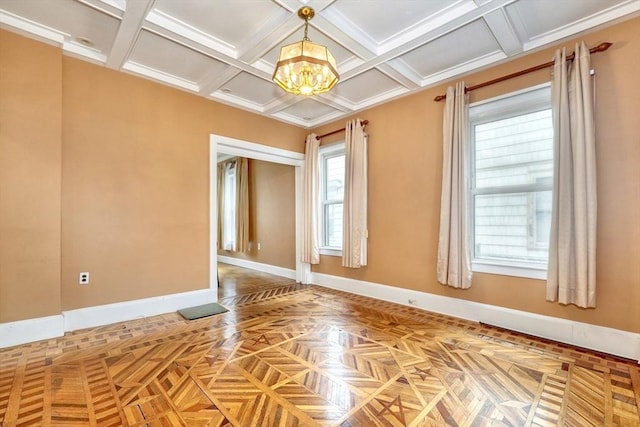 10 Windom St, Boston, MA 02134 - unfurnished room featuring coffered ceiling, baseboards, and an inviting chandelier