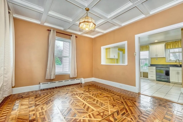 10 Windom St, Boston, MA 02134 - unfurnished room featuring a notable chandelier, baseboards, coffered ceiling, a baseboard radiator, and a sink