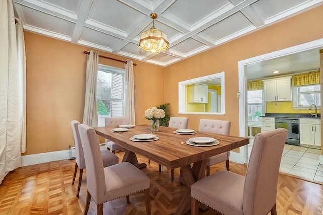 10 Windom St, Boston, MA 02134 - dining area with coffered ceiling, baseboards, and a notable chandelier