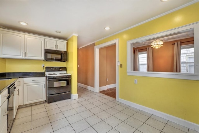 10 Windom St, Boston, MA 02134 - kitchen featuring white cabinets, black microwave, gas stove, and crown molding