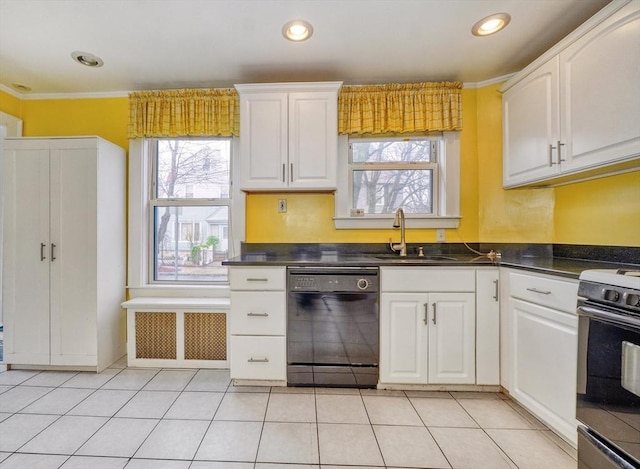 10 Windom St, Boston, MA 02134 - kitchen featuring stainless steel electric range, dark countertops, white cabinets, dishwasher, and a sink