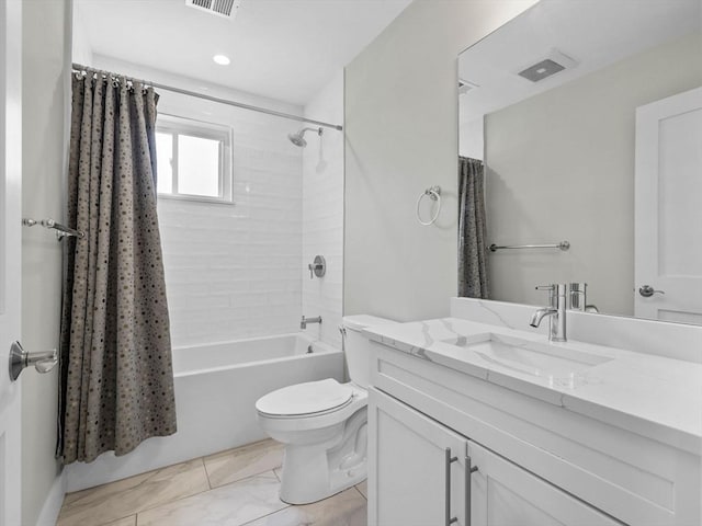 bathroom featuring vanity, shower / tub combo with curtain, toilet, marble finish floor, and visible vents