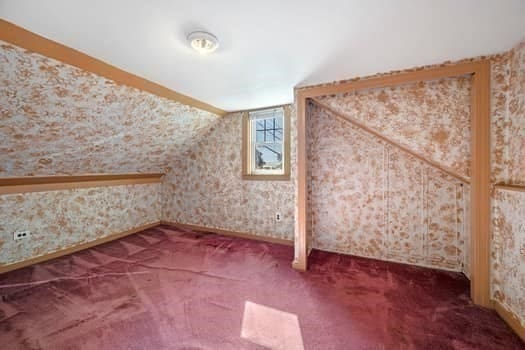 additional living space featuring vaulted ceiling and carpet flooring