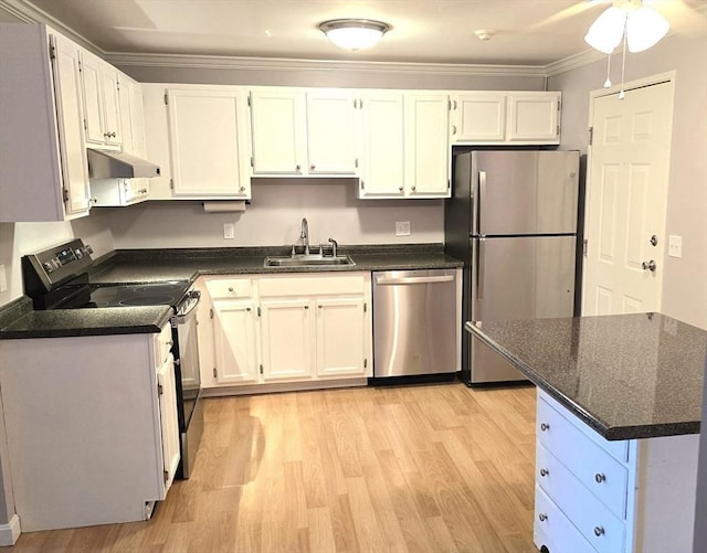 56 Edgeworth St Unit 14, Worcester, MA 01605 - kitchen with appliances with stainless steel finishes, under cabinet range hood, crown molding, light wood-style flooring, and white cabinets