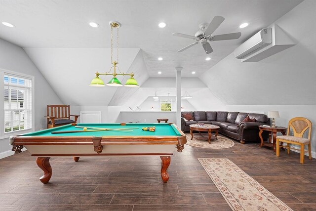 172 Orchard St, Newbury, MA 01922 - rec room featuring an AC wall unit, healthy amount of natural light, vaulted ceiling, recessed lighting, and wood finished floors