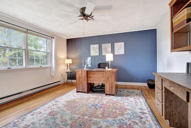 10 Emile Cir, Medford, MA 02155 - office space featuring light wood-style floors, ceiling fan, crown molding, baseboards, and a baseboard radiator