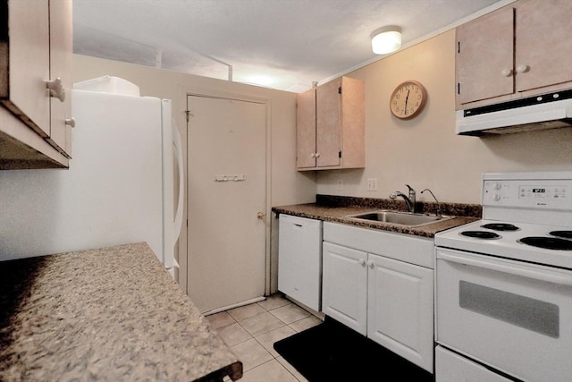 10 Emile Cir, Medford, MA 02155 - kitchen with white appliances, a sink, under cabinet range hood, light tile patterned floors, and dark countertops