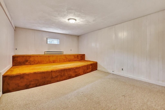 10 Emile Cir, Medford, MA 02155 - interior space featuring carpet, a baseboard heating unit, baseboards, and wood walls