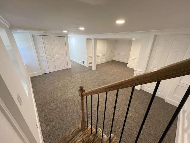 512 Lincoln St, Duxbury, MA 02332 - staircase featuring carpet, recessed lighting, and ornamental molding