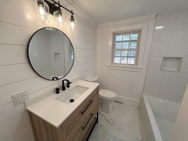 512 Lincoln St, Duxbury, MA 02332 - bathroom featuring marble look tiles, vanity, and crown molding