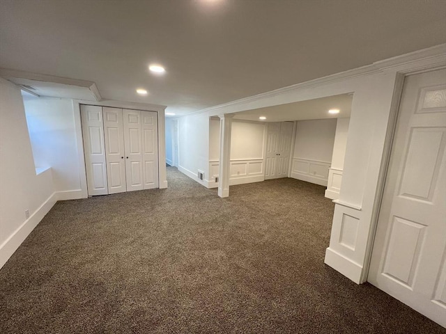 512 Lincoln St, Duxbury, MA 02332 - finished basement with dark colored carpet, recessed lighting, and crown molding