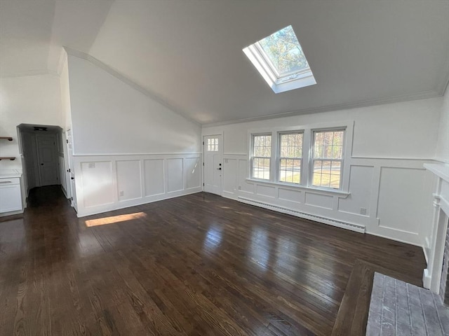 512 Lincoln St, Duxbury, MA 02332 - unfurnished living room featuring a baseboard heating unit, lofted ceiling, a decorative wall, a skylight, and dark wood-style floors