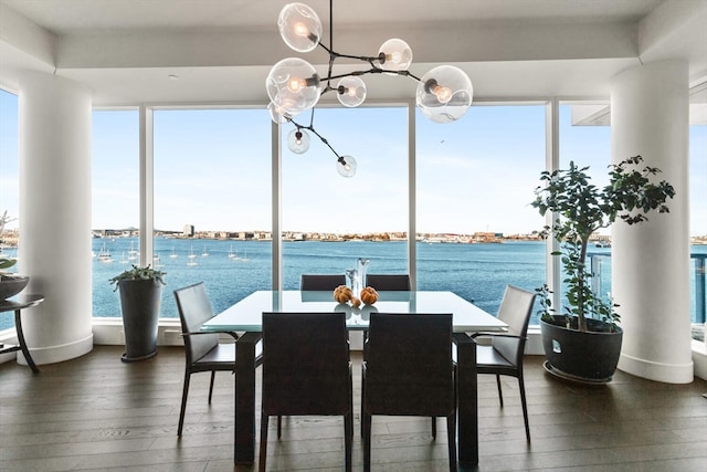 dining area with plenty of natural light, a water view, and dark wood-type flooring