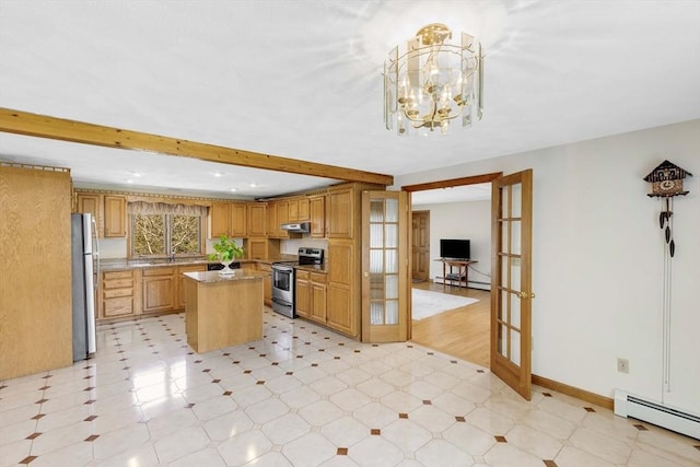 6 Boyd Dr, Newburyport, MA 01950 - kitchen featuring stainless steel appliances, baseboard heating, beam ceiling, light floors, and a center island