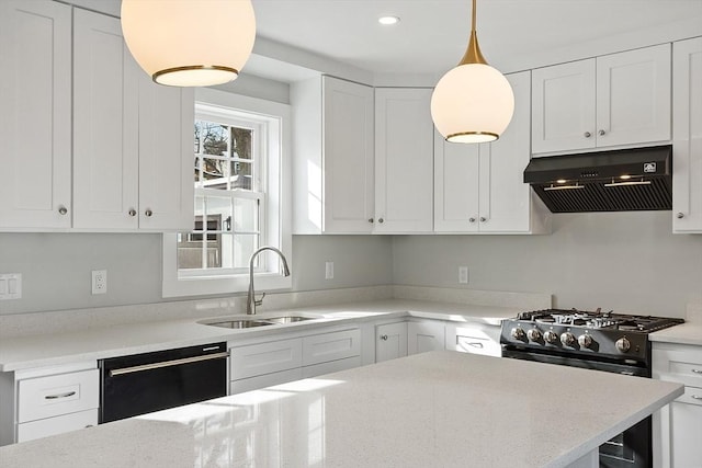 kitchen with white cabinetry, sink, exhaust hood, and black dishwasher