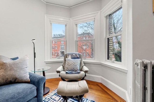 living area with hardwood / wood-style floors, a healthy amount of sunlight, and radiator heating unit