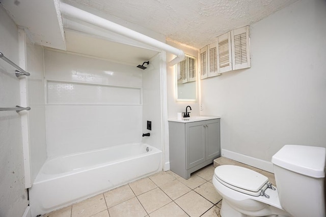 full bath featuring tile patterned flooring, toilet, vanity, bathtub / shower combination, and a textured ceiling