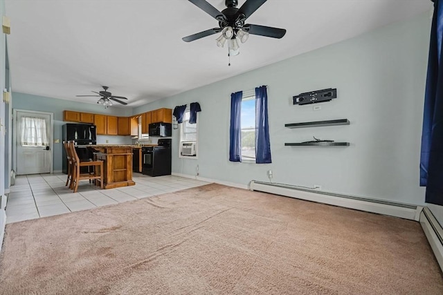 394 Huttleston Ave, Fairhaven, MA 02719 - living area featuring light colored carpet, ceiling fan, a baseboard radiator, light tile patterned flooring, and cooling unit