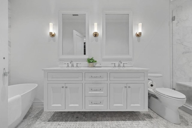 128 Marlborough St Unit 6, Boston, MA 02116 - bathroom featuring a freestanding tub, double vanity, toilet, a shower, and crown molding