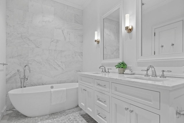 128 Marlborough St Unit 6, Boston, MA 02116 - full bathroom featuring ornamental molding, double vanity, and a soaking tub