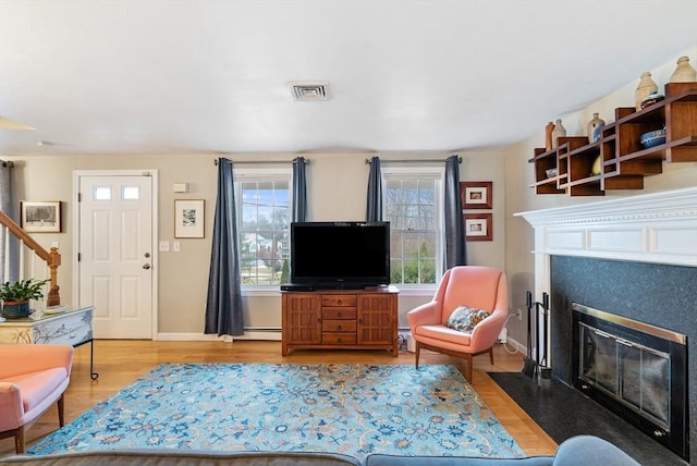 living room with light hardwood / wood-style flooring