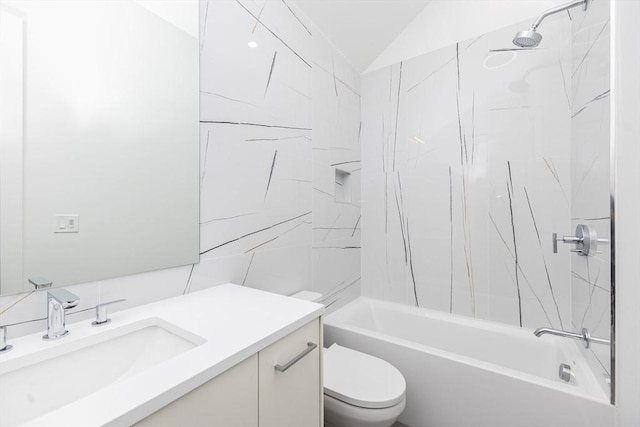 93 Griswold St Unit 93, Cambridge, MA 02138 - full bath featuring vanity, toilet,  shower combination, and vaulted ceiling