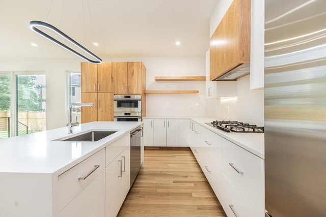 93 Griswold St Unit 93, Cambridge, MA 02138 - kitchen with stainless steel appliances, a sink, open shelves, light countertops, and light wood-type flooring