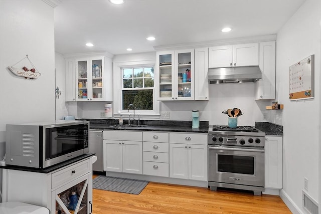 kitchen featuring glass insert cabinets, under cabinet range hood, appliances with stainless steel finishes, and a sink