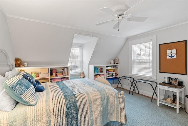 bedroom with ceiling fan, baseboards, vaulted ceiling, ornamental molding, and carpet