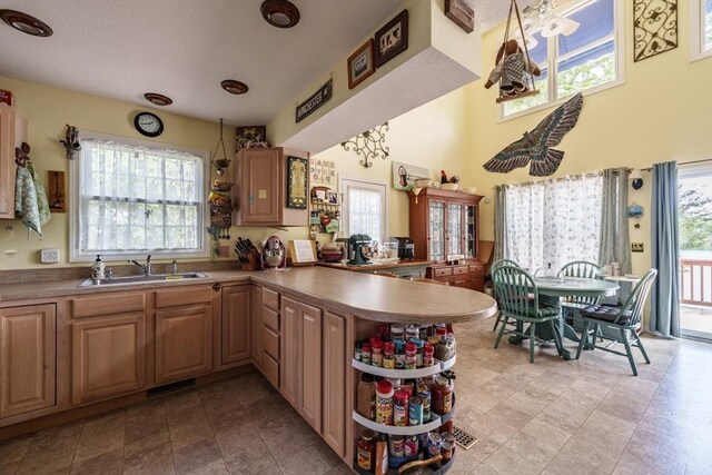 64 Porcupine Point Rd, Tolland, MA 01034 - kitchen with a sink, a peninsula, plenty of natural light, open shelves, and a high ceiling