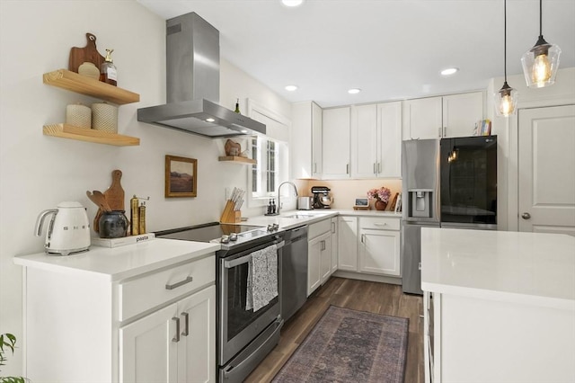 1076 King Phillip Trl, Templeton, MA 01468 - kitchen featuring ventilation hood, open shelves, stainless steel appliances, a sink, and dark wood finished floors