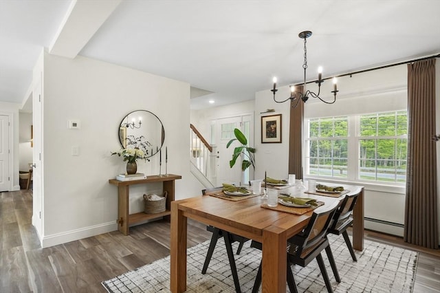 1076 King Phillip Trl, Templeton, MA 01468 - dining space featuring stairway, a chandelier, baseboard heating, and light wood finished floors
