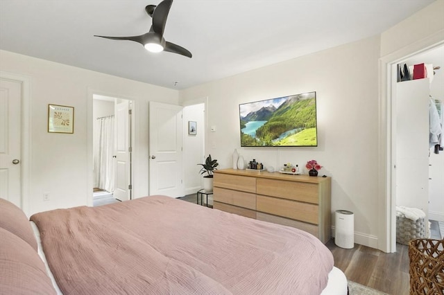 1076 King Phillip Trl, Templeton, MA 01468 - bedroom featuring dark wood-style floors, ceiling fan, baseboards, and ensuite bathroom