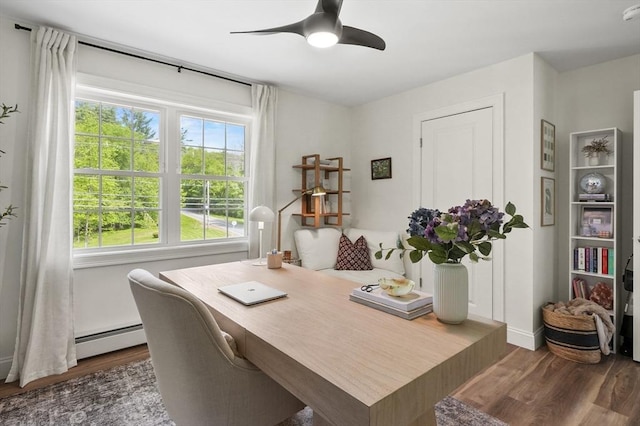 1076 King Phillip Trl, Templeton, MA 01468 - office space featuring a baseboard radiator, dark wood-style floors, and a ceiling fan