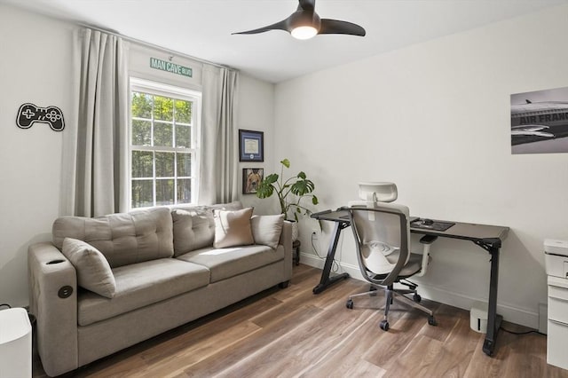 1076 King Phillip Trl, Templeton, MA 01468 - home office with ceiling fan, wood finished floors, and baseboards