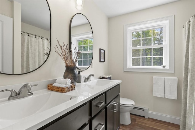 1076 King Phillip Trl, Templeton, MA 01468 - bathroom with a baseboard radiator, toilet, wood finished floors, double vanity, and baseboards