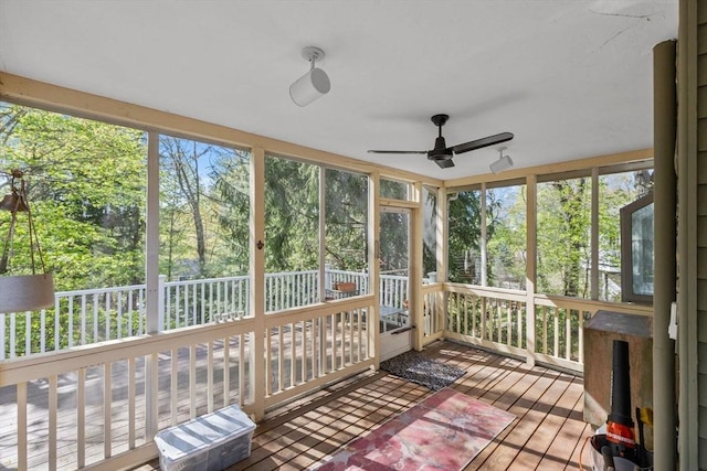 43 Grove Hill Park, Newton, MA 02460 - unfurnished sunroom with ceiling fan and view of wooded area