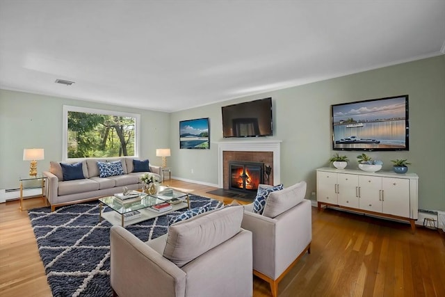 43 Grove Hill Park, Newton, MA 02460 - living room featuring wood finished floors, a tiled fireplace, baseboards, and a baseboard radiator
